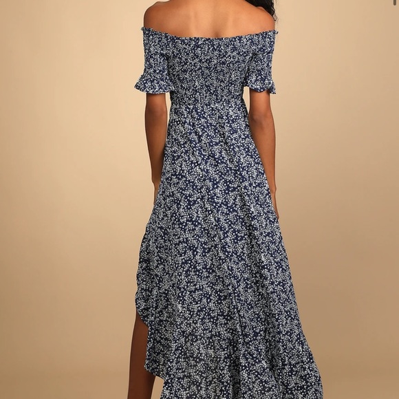 Lulus Navy Blue Floral Print Off-the-Shoulder Midi Dress - Picture 4 of 5